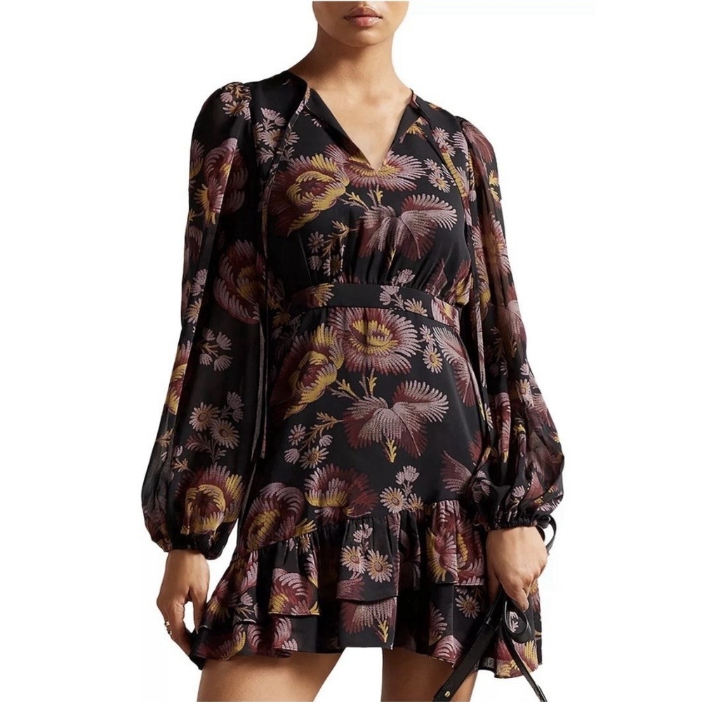 Ted Baker Piara Ruffle Mini Dress Black Womens 2 - US 6 Dark Floral Fall Moody